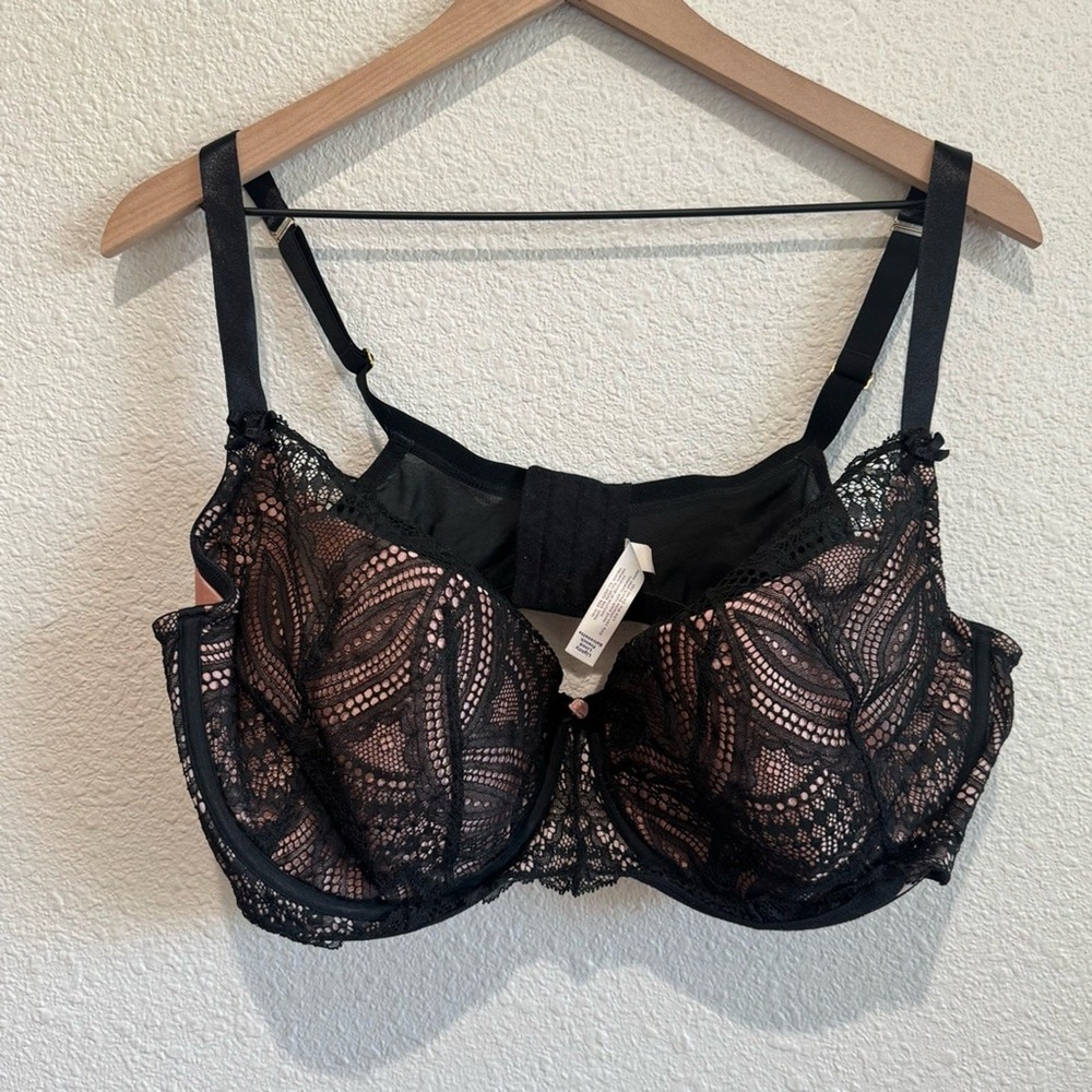 Cacique Bra 46DD Lightly Lined French Balconette LacePink Black‎ Dainty Feminine